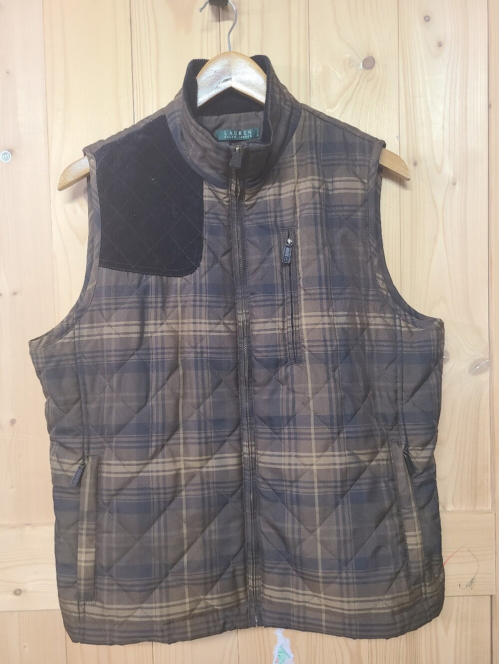Lauren Ralph Lauren Brown Plaid Quilted Vest with Corduroy Trim - Picture 7 of 8